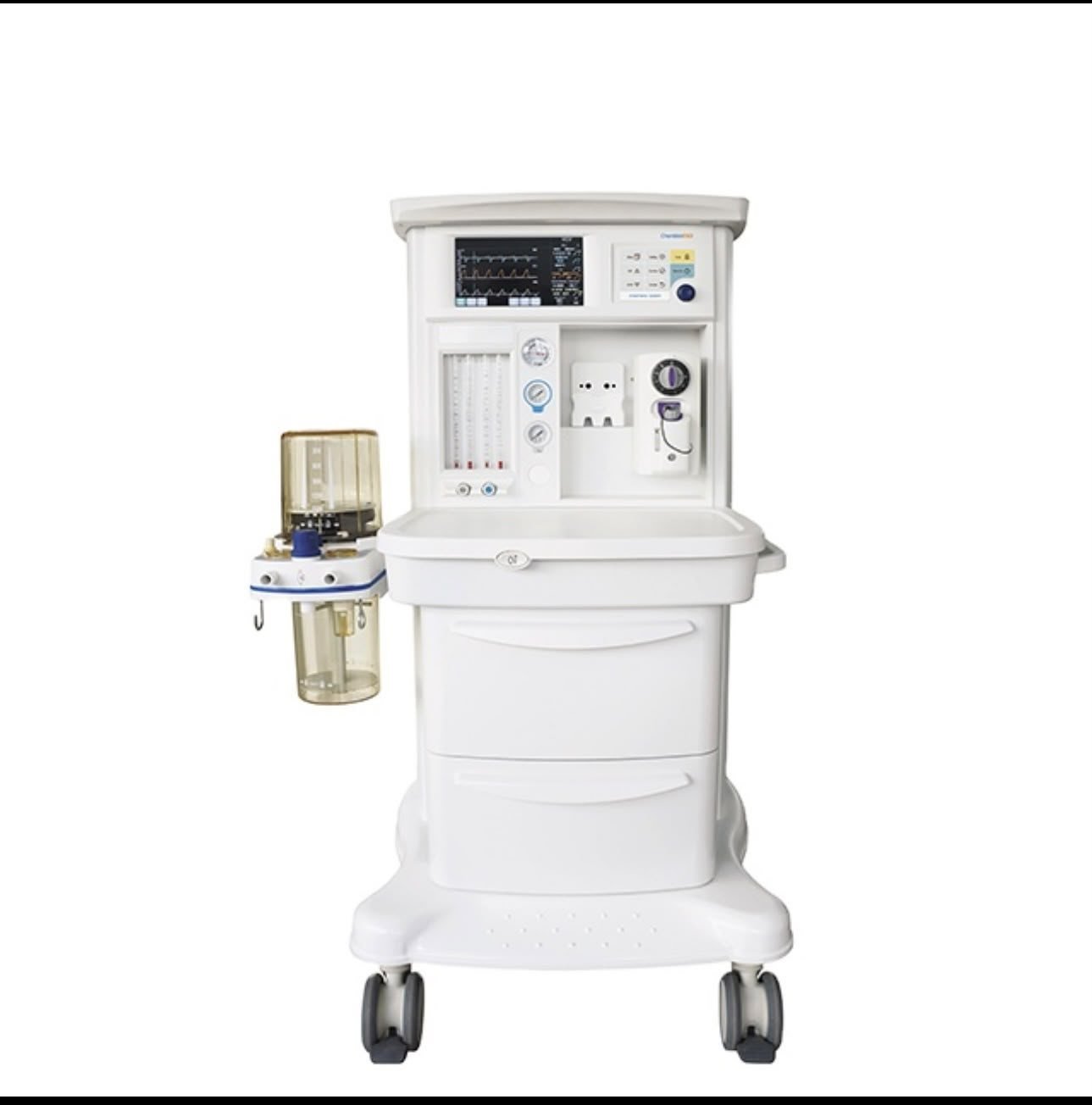An anesthesia workstation on castors with an integrated monitor, flowmeter block and vaporiser mount.