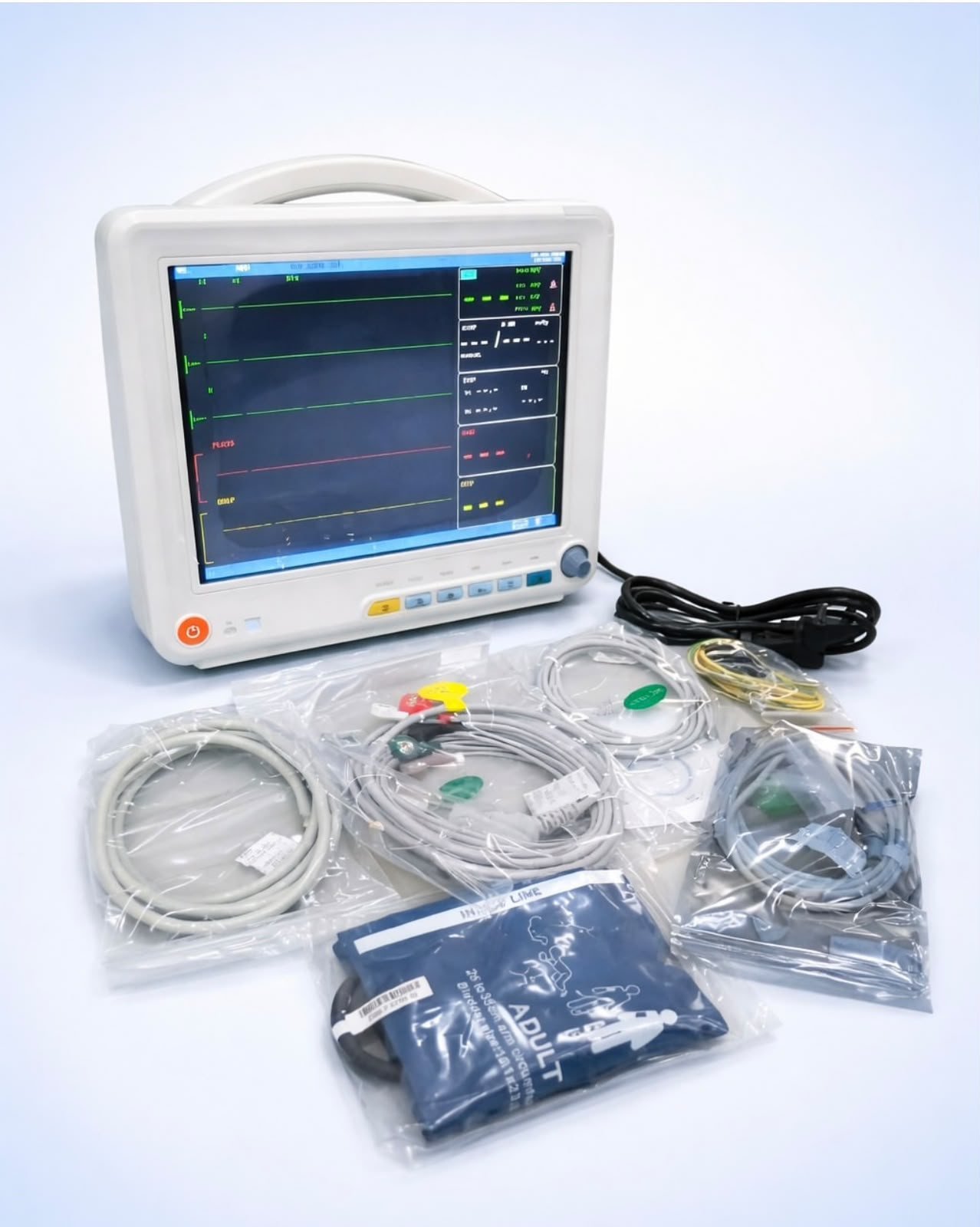 A multiparameter patient monitor shown with its ECG lead set, SpO2 sensor, blood-pressure cuff and power lead.