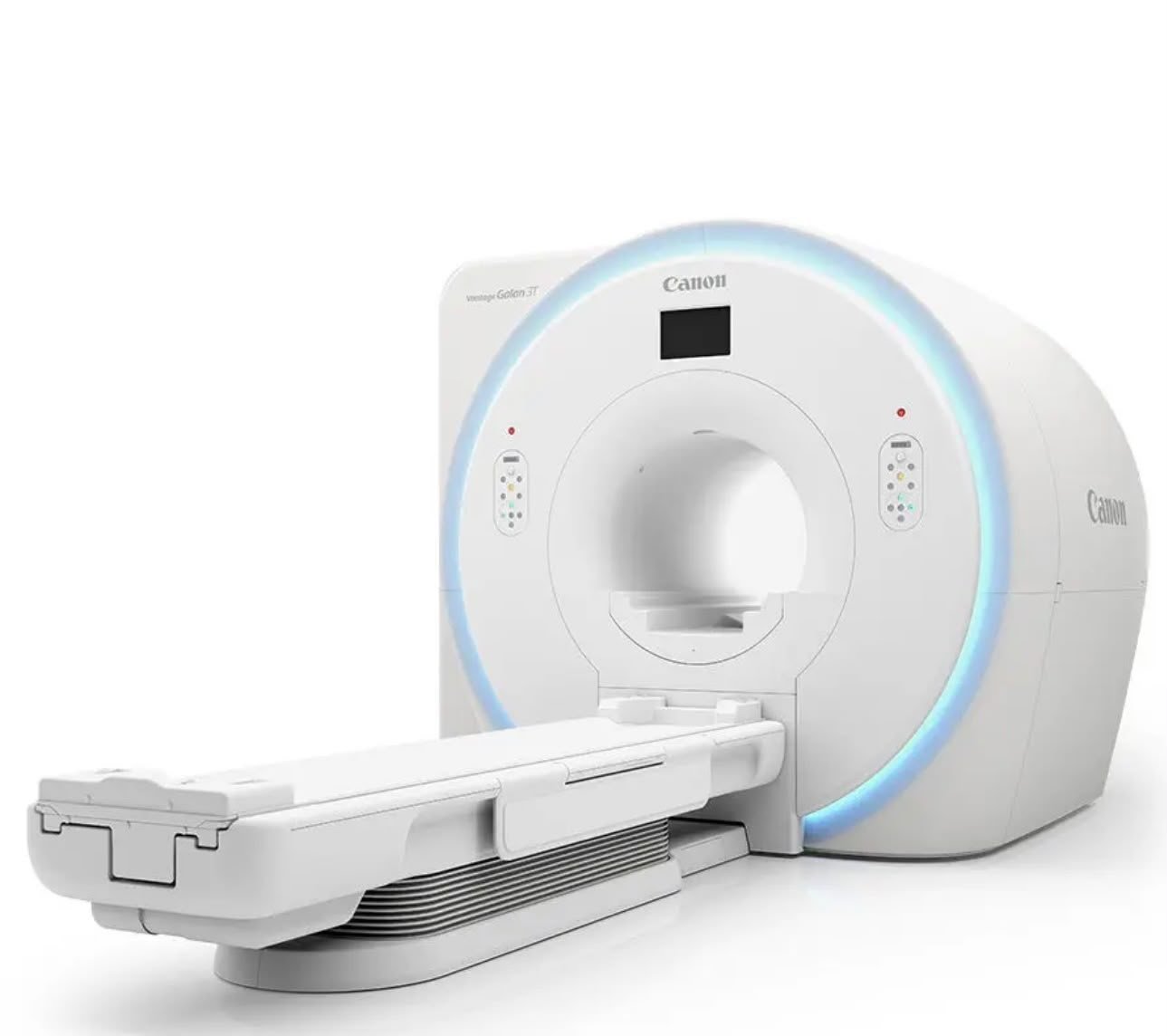 A wide-bore MRI scanner with its patient table extended, shown against a white background.