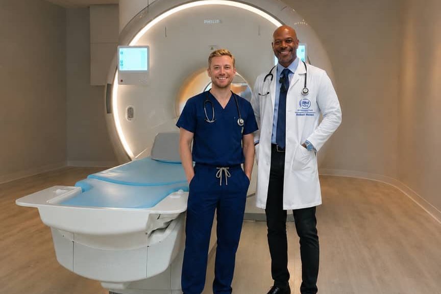 A clinician in scrubs and Robert Mateo of RM OrthoMed Technologies standing beside a commissioned MRI scanner in a finished imaging suite.