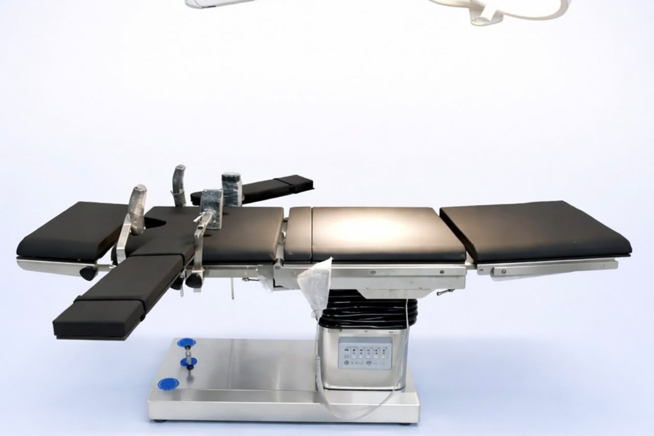 An electro-hydraulic operating table with segmented black cushions and an adjustable overhead surgical light on an articulated arm.