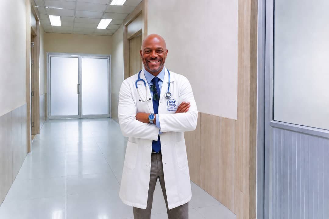Robert Mateo, founder and CEO of RM OrthoMed Technologies, standing in a clinical corridor in a branded white coat.