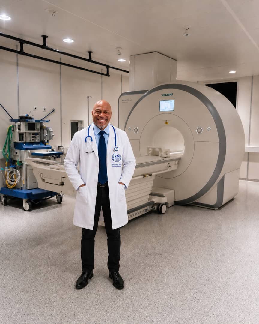 Robert Mateo, CEO of RM OrthoMed Technologies, standing beside a Siemens MRI scanner and an anesthesia workstation in a hospital imaging suite.